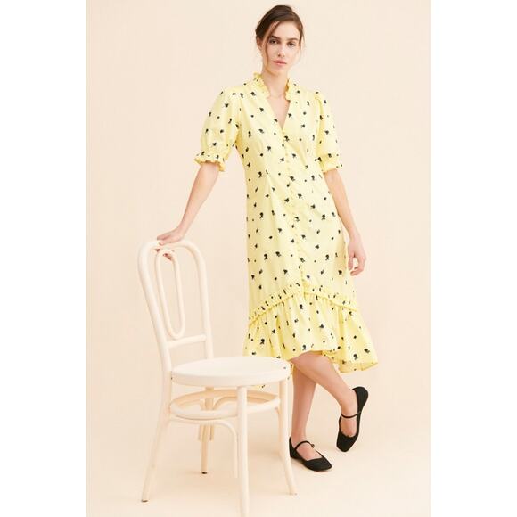 New Anthropologie CRAS Tuva Floral Midi Dress $269 SMALL 36 Yellow High-low Hem - Picture 1 of 6